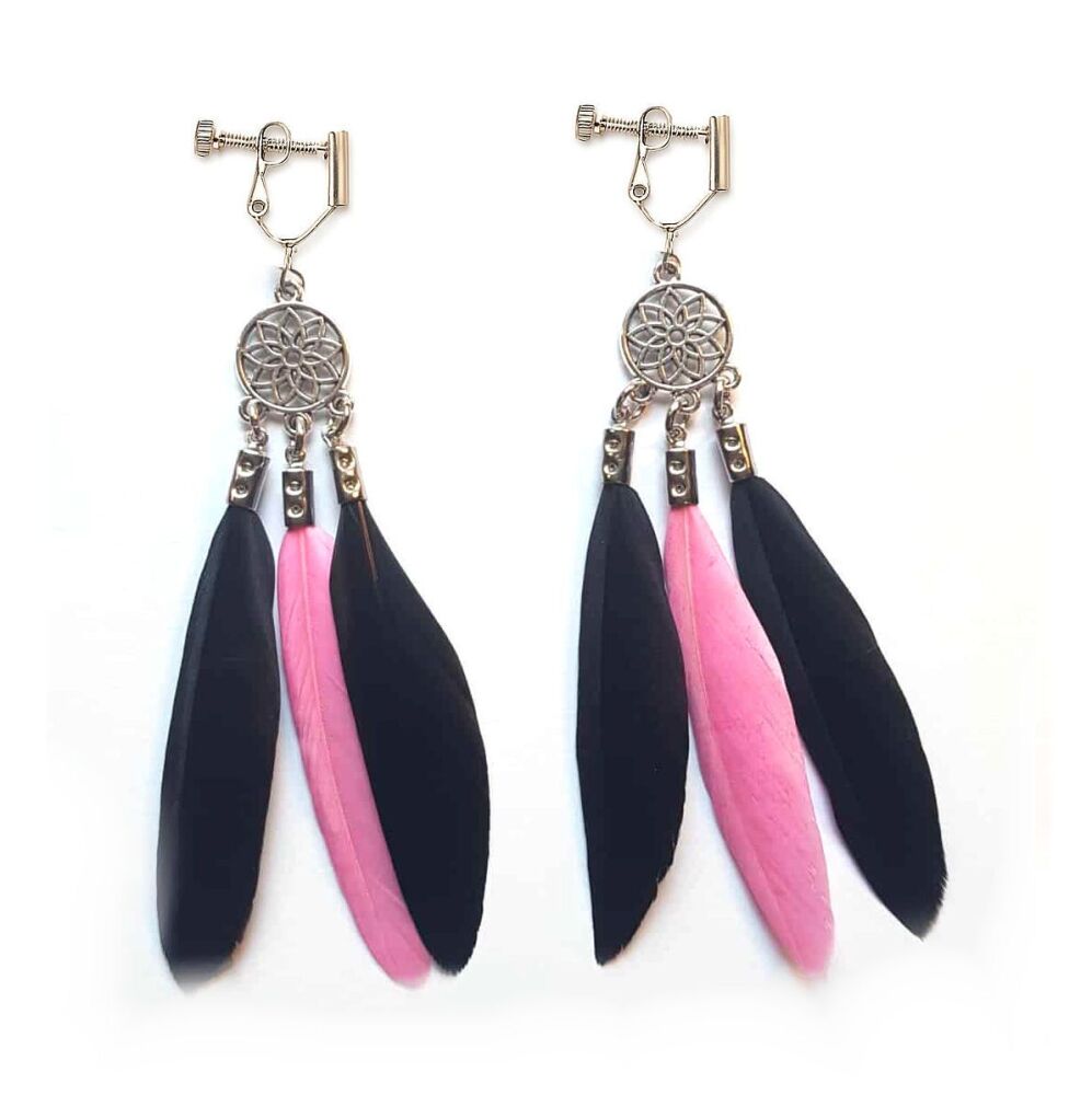 Black and Pink Feather Earrings (Clip on/Screw on)