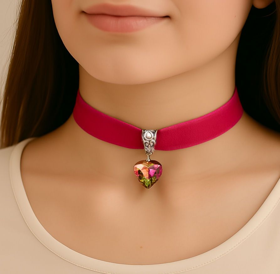 Bright Pink Velvet Choker with AB Pink Crystal Heart