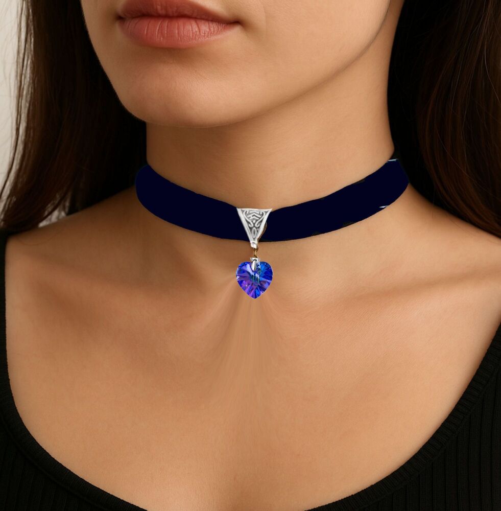 Navy Blue Velvet Choker with AB Royal Blue Crystal Heart