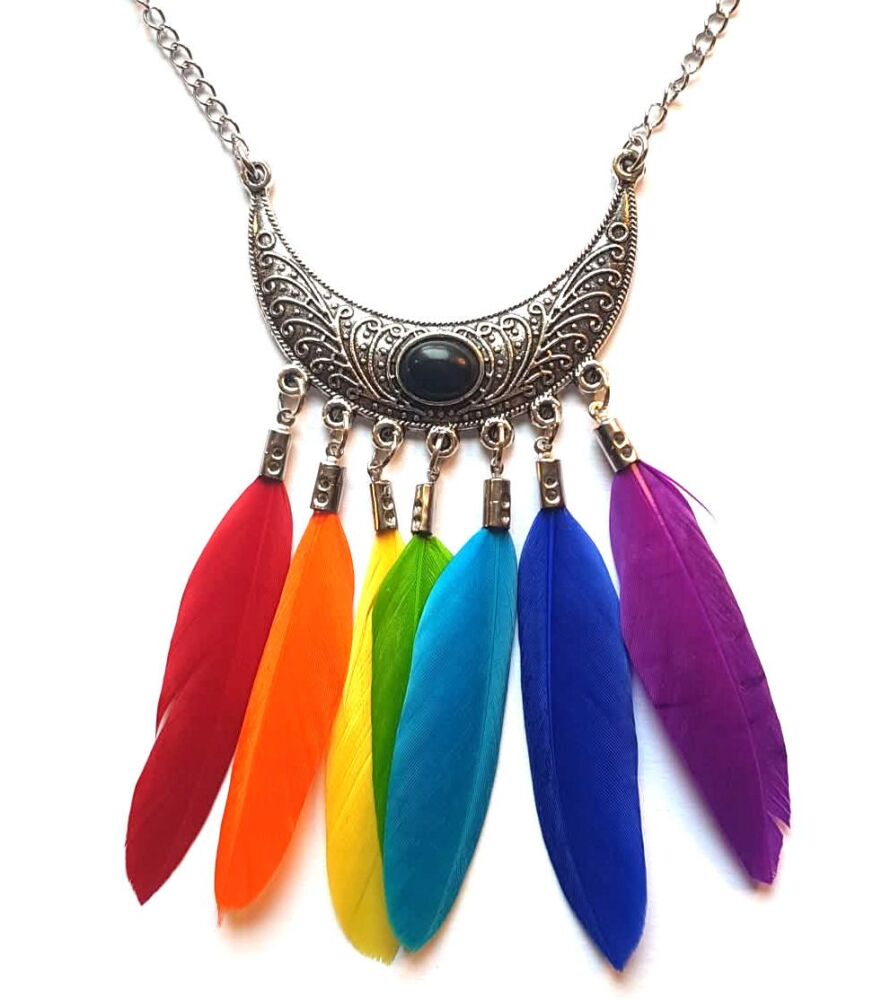 Chandelier Silver Necklace with Rainbow Themed Goose Feathers