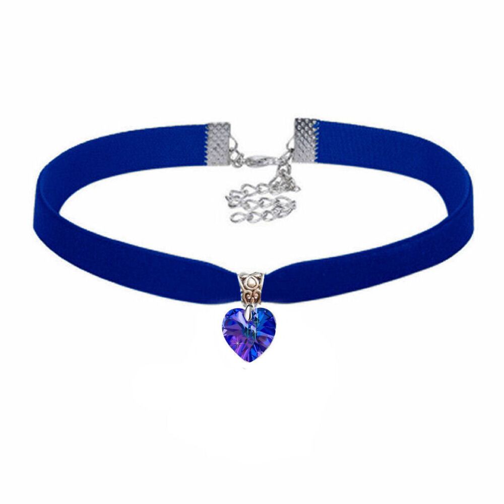 Royal Blue Velvet Choker with AB Crystal Heart