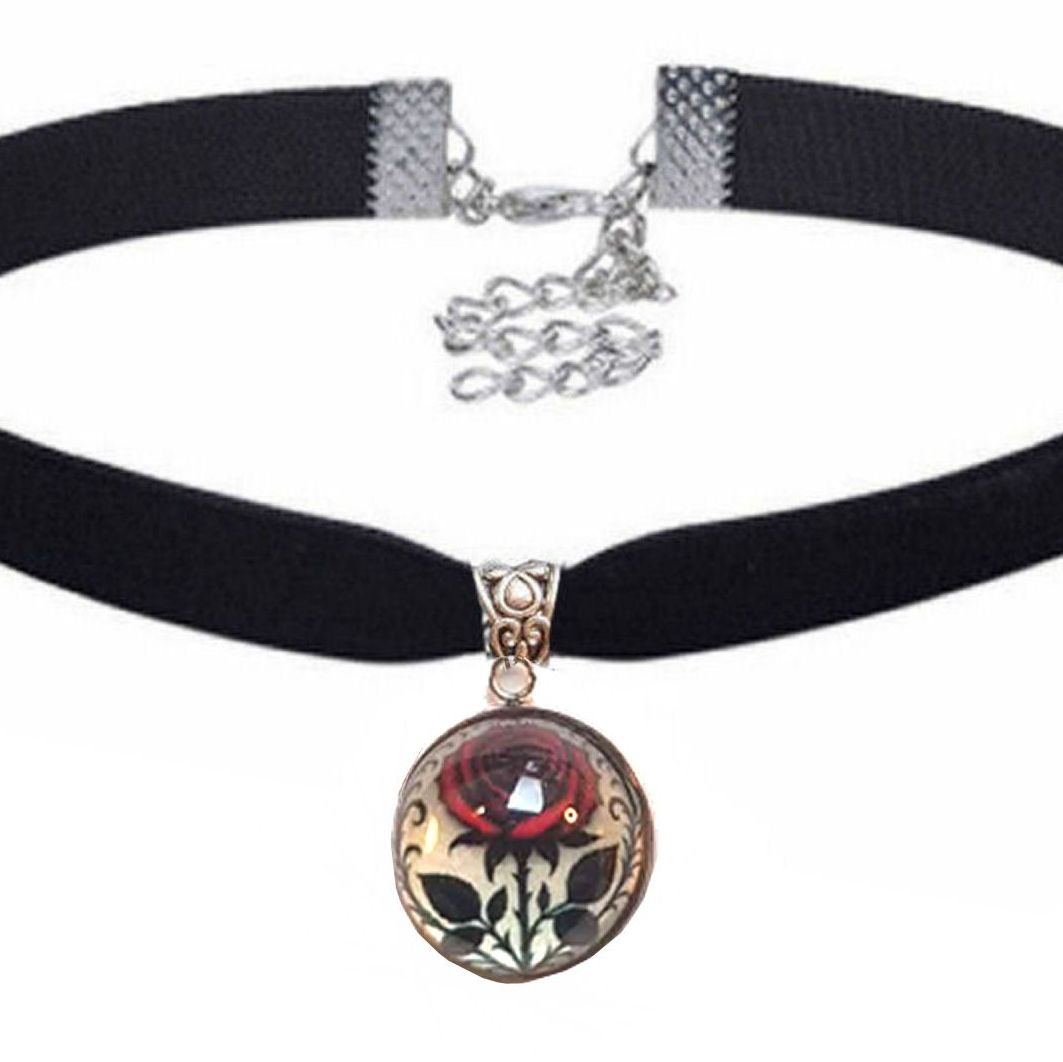 Gothic Rose Charm & Black Velvet Choker Necklace
