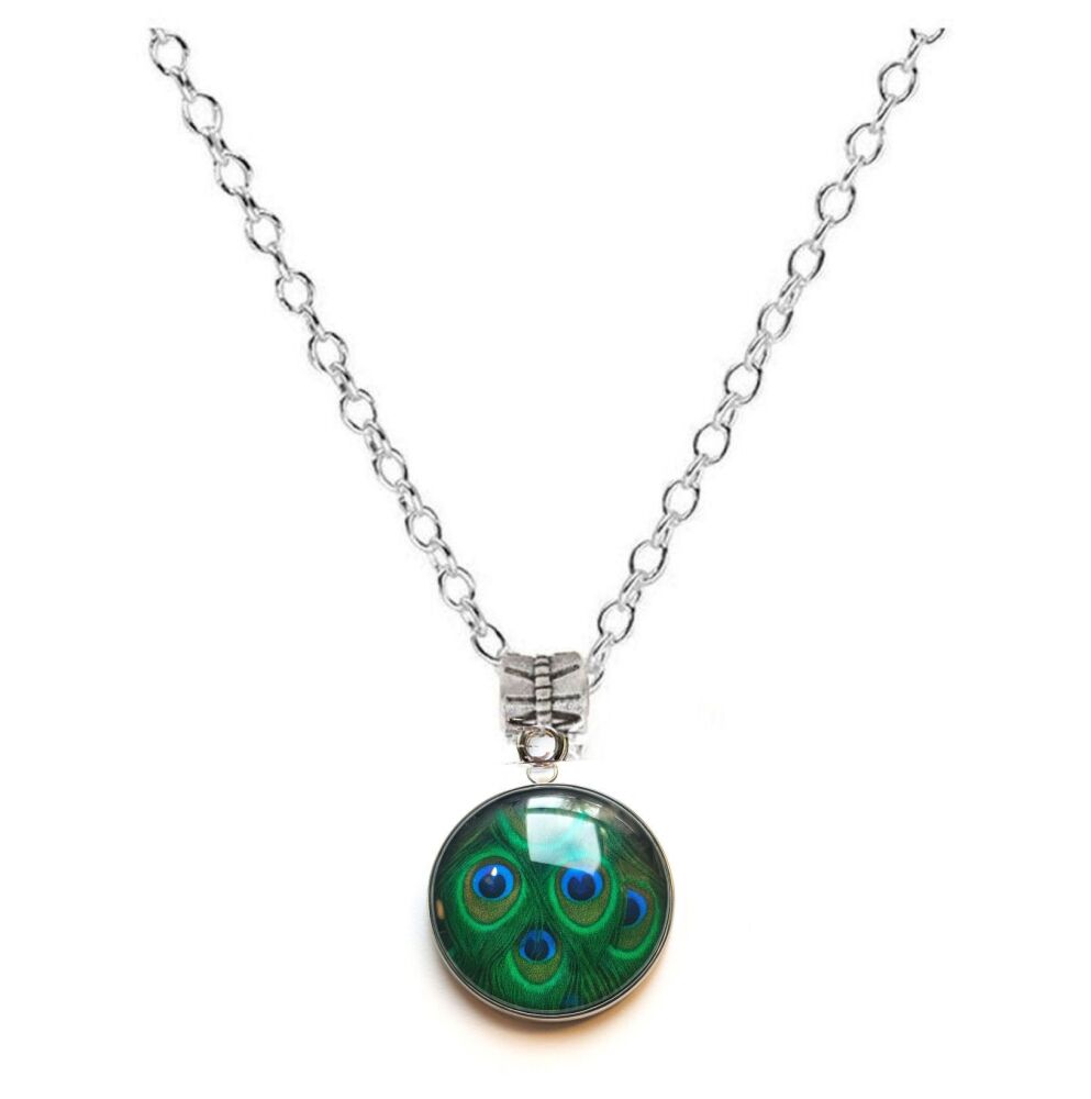 Glass Dome Peacock Eye Pendant Silver Necklace Statement Jewellery, Blue Green Shades