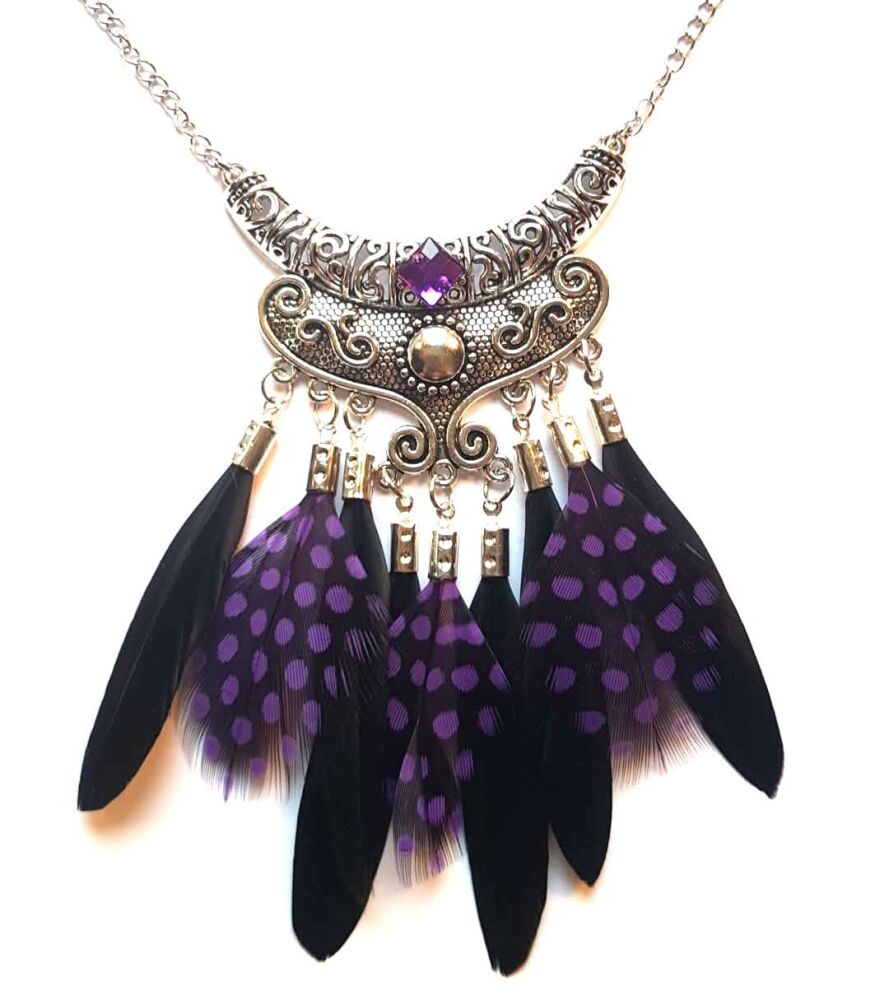 Chandelier Silver Necklace with Black Goose Feathers & Spotty Purple Guinea Feathers