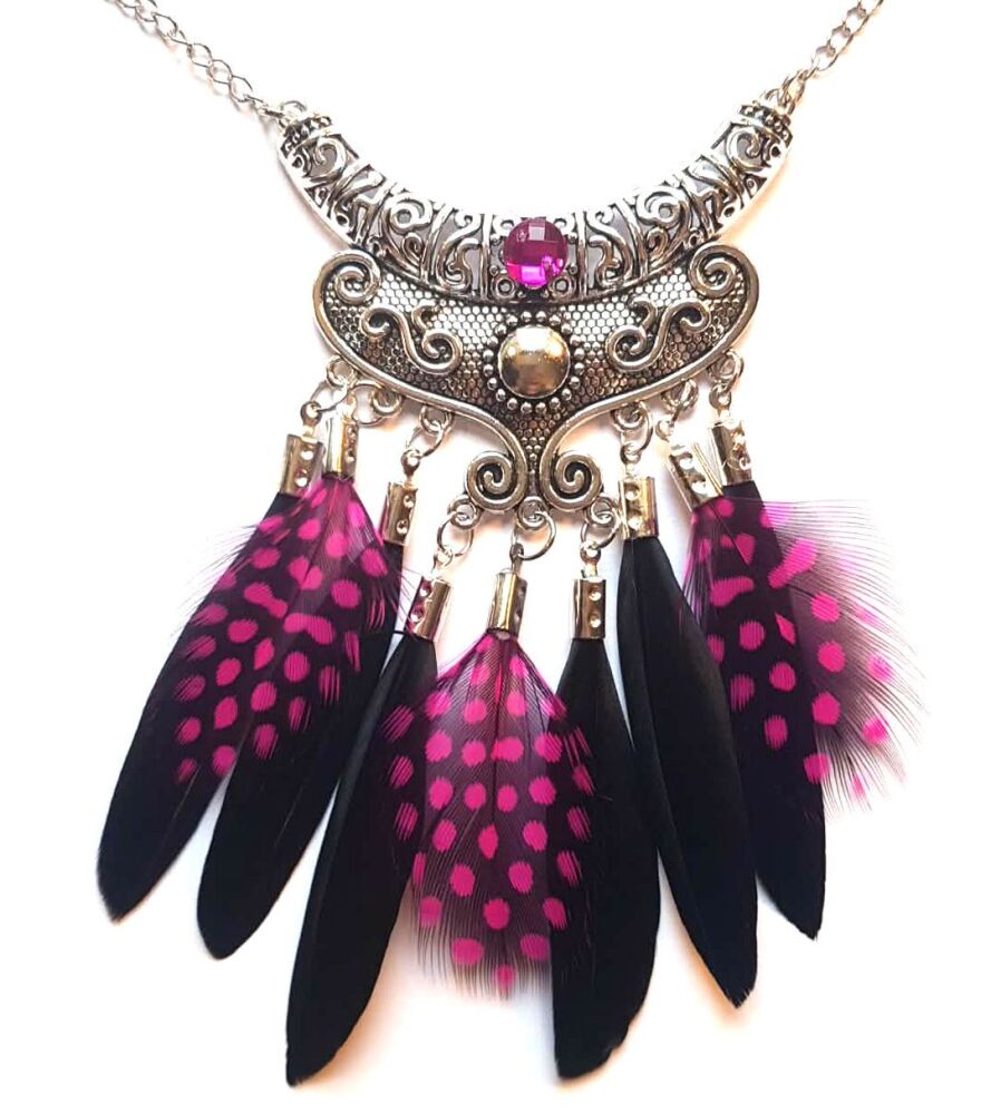 Chandelier Silver Necklace with Black Goose Feathers & Spotty Dark Pink Guinea Feathers
