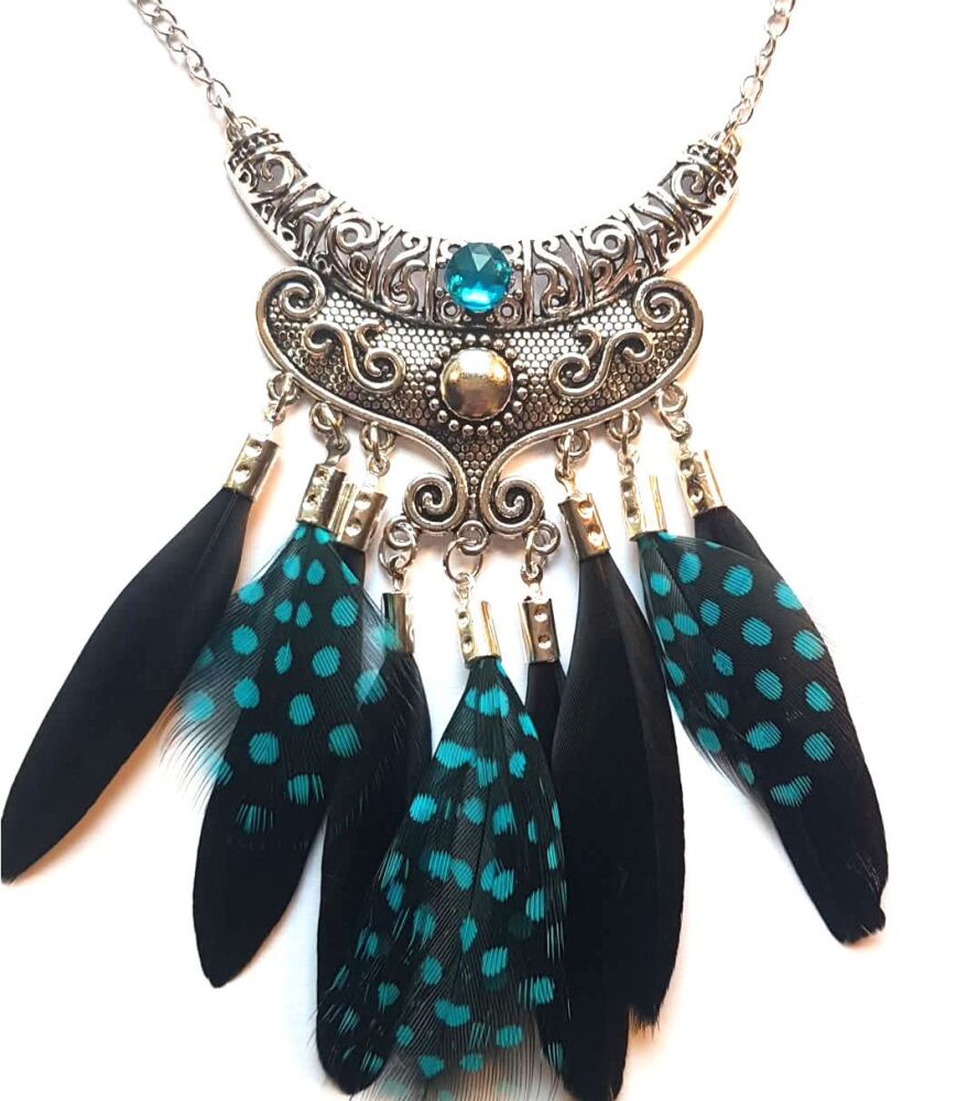 Chandelier Silver Necklace with Black Goose Feathers & Spotty Aqua Blue Guinea Feathers