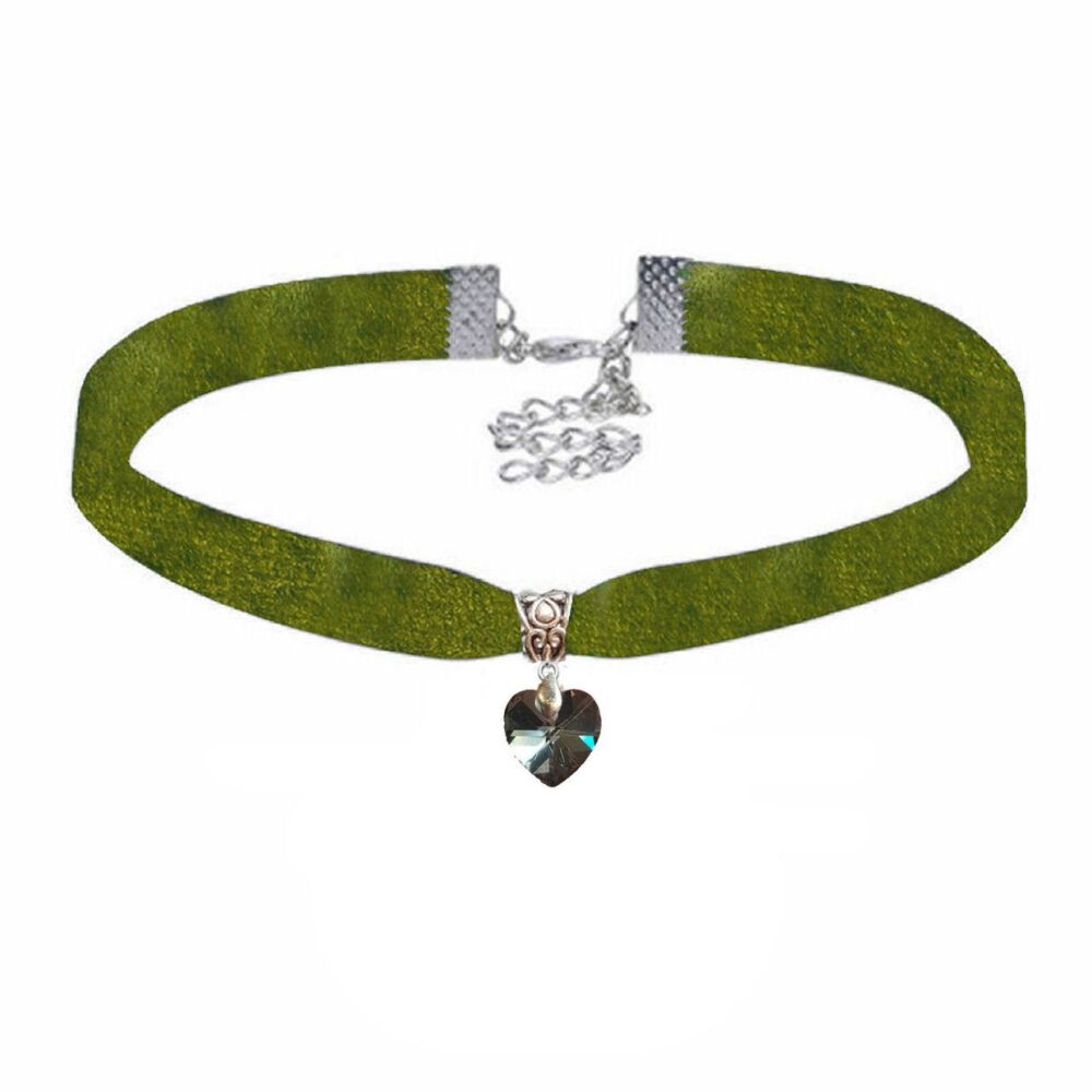 Olive Green Velvet Choker with AB Charcoal Crystal Heart