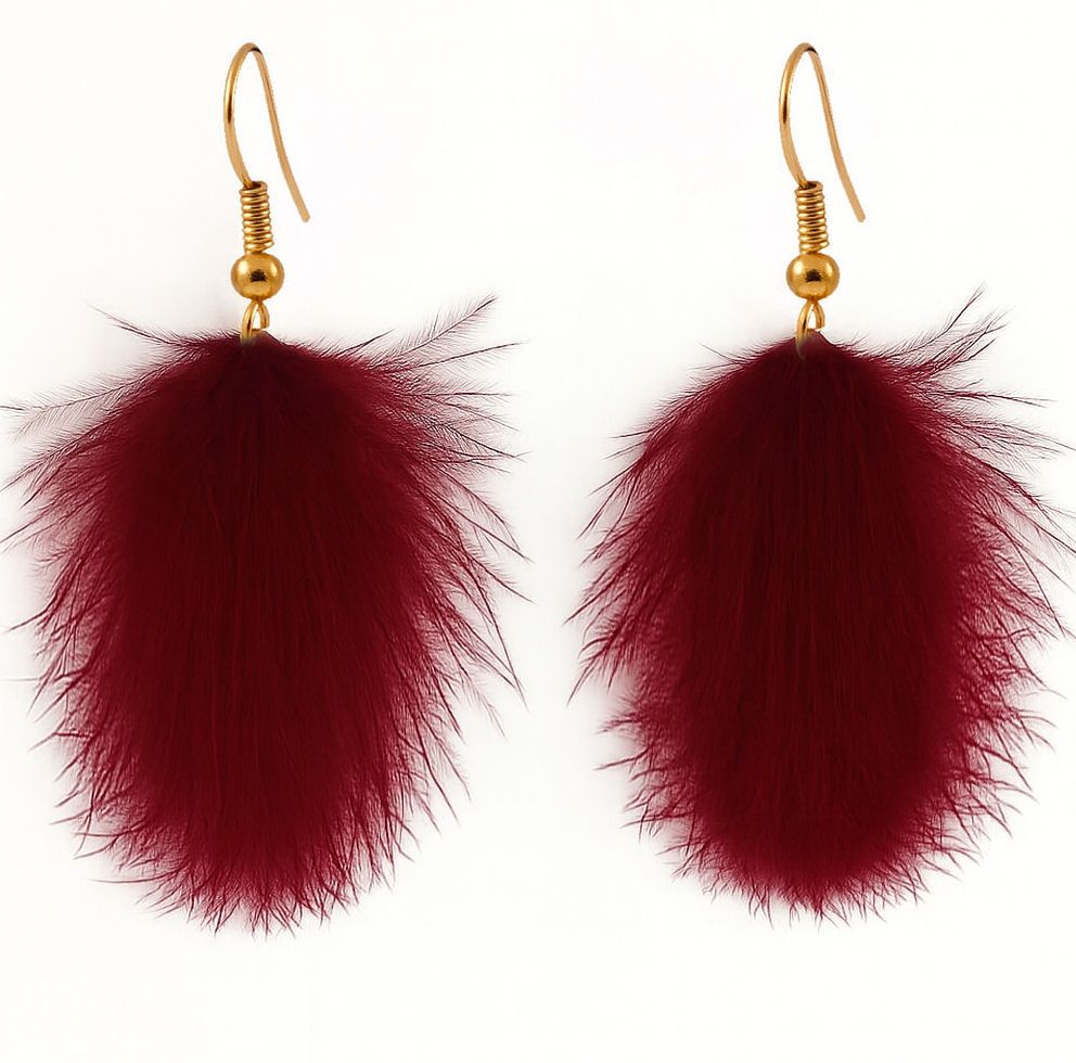 Burgundy Marabou Feather Earrings &ndash; Gold Hook