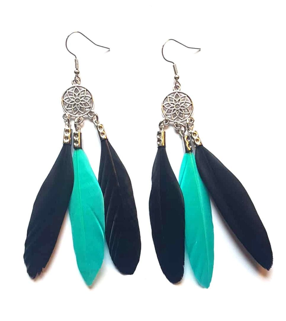 Black and Jade Green Feather Dangle Earrings, Chandelier Design with Three Sleek Feathers