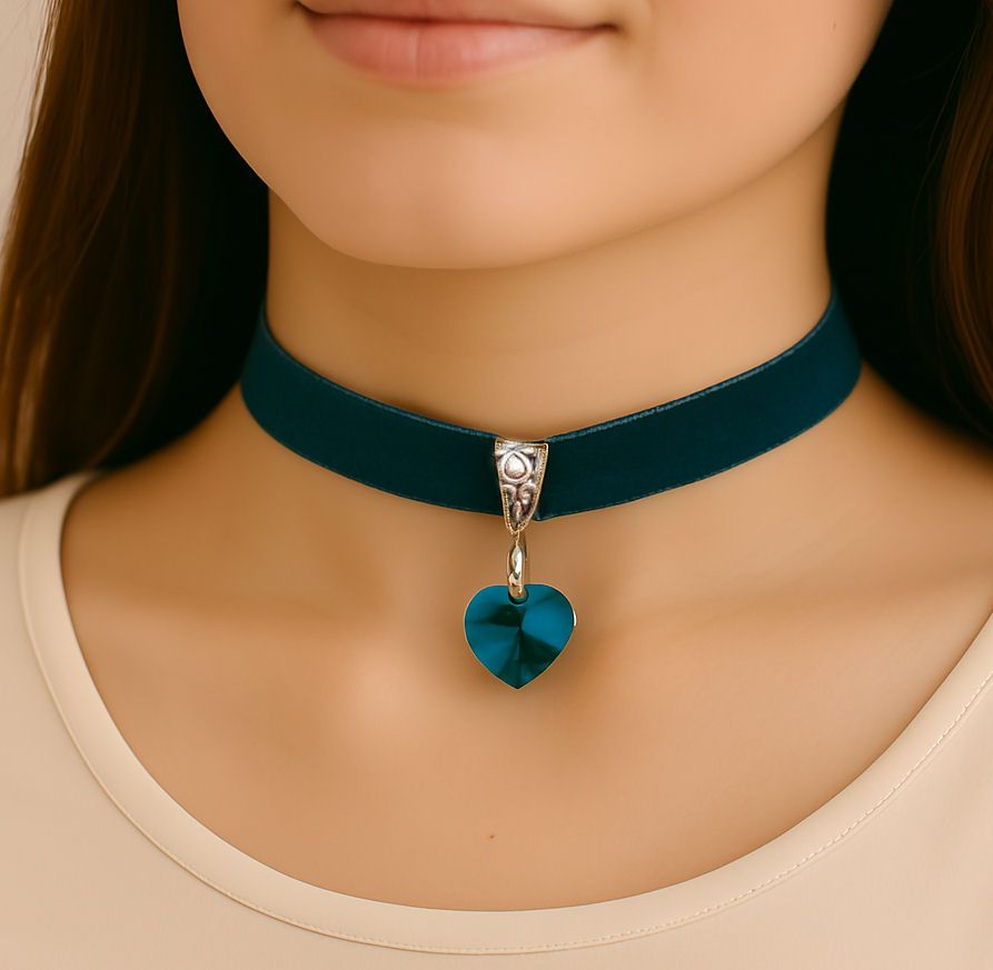 Teal Velvet Choker with AB Teal Crystal Heart