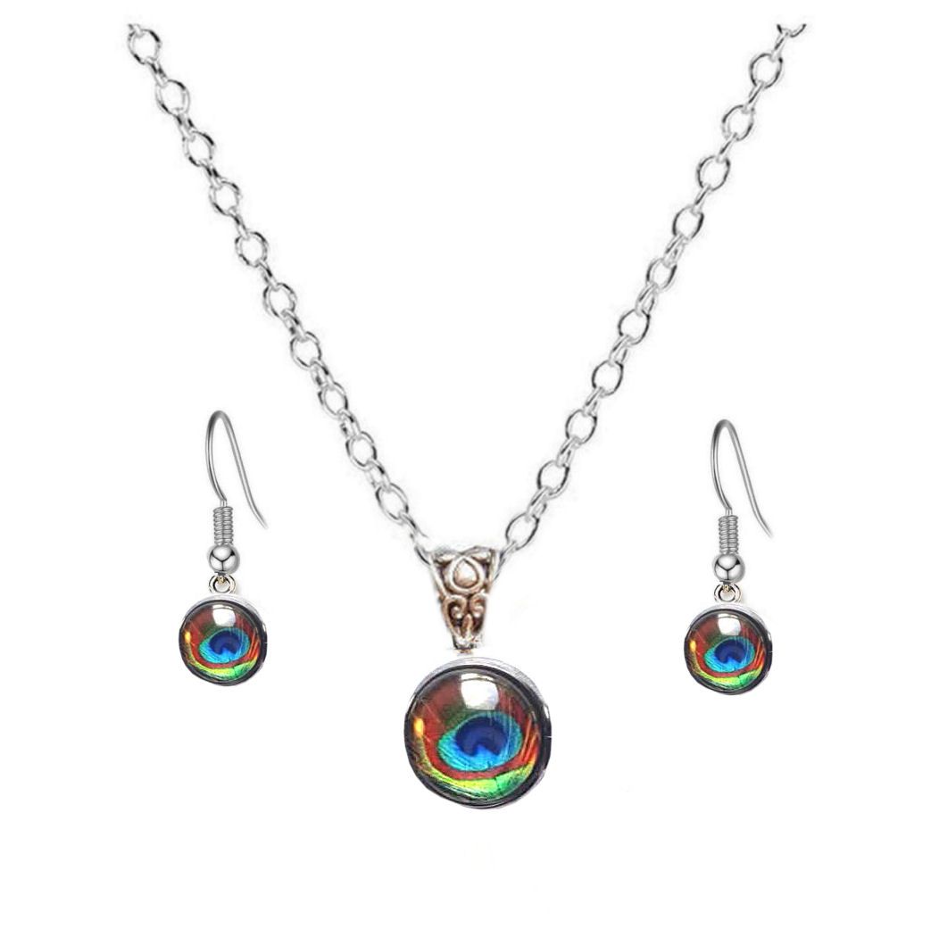 Green & Blue Peacock Eye Pendant Necklace and Earrings Set