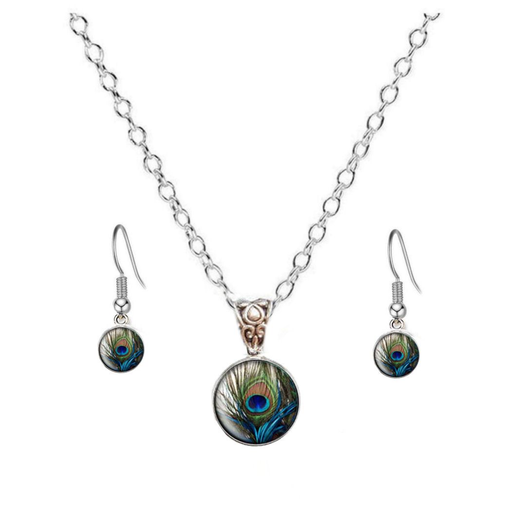Peacock Feather Glass Dome Necklace & Earrings Set