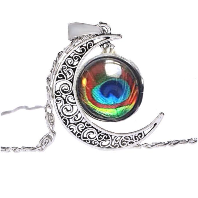 Peacock Eye Glass Dome Pendant & Silver Moon Necklace