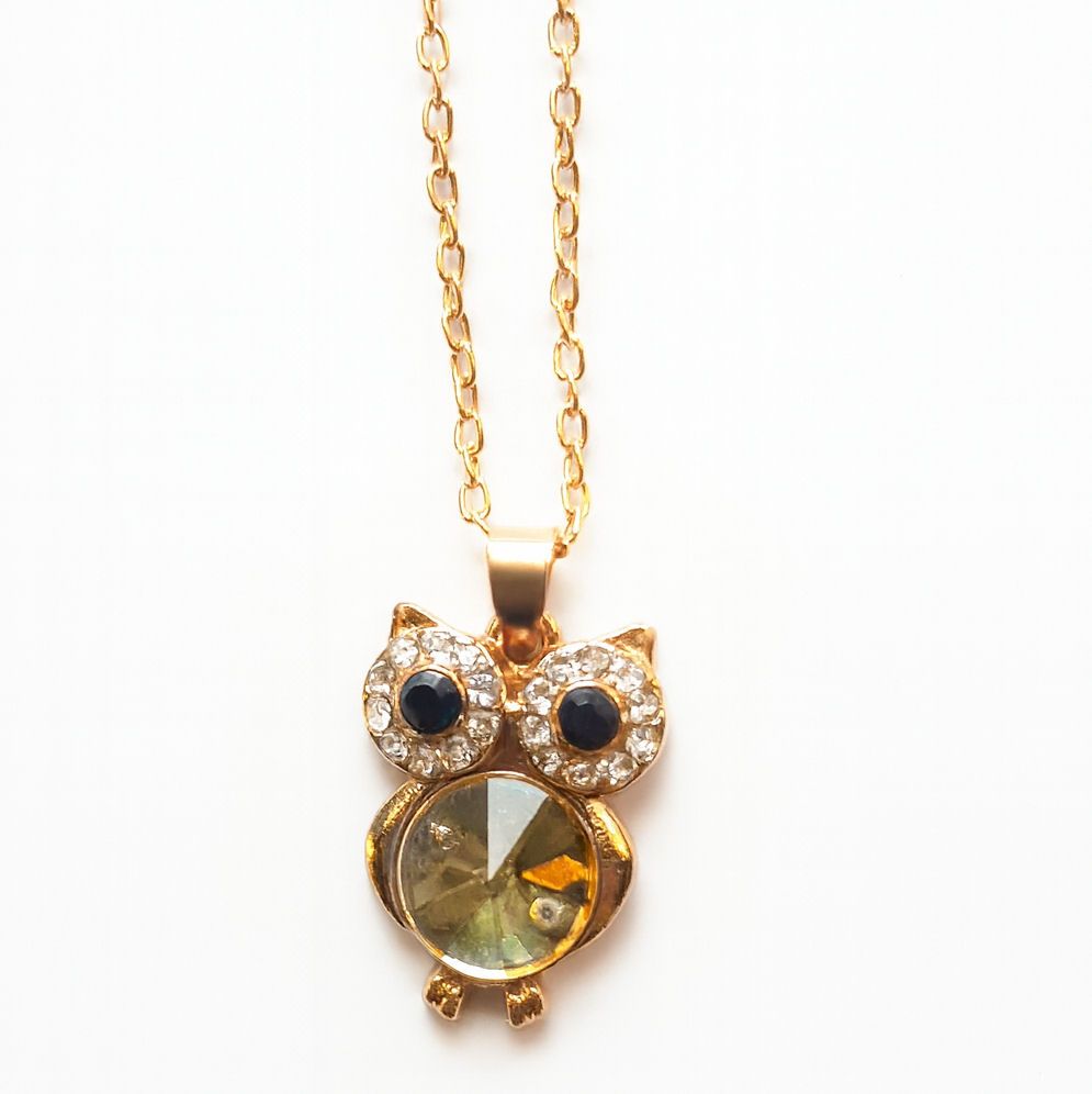 Gold Owl Pendant Necklace &ndash; Golden Gem Crystal Body