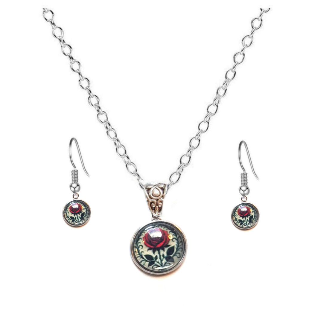 Gothic Rose Glass Dome Pendant Silver Necklace and Earring Set