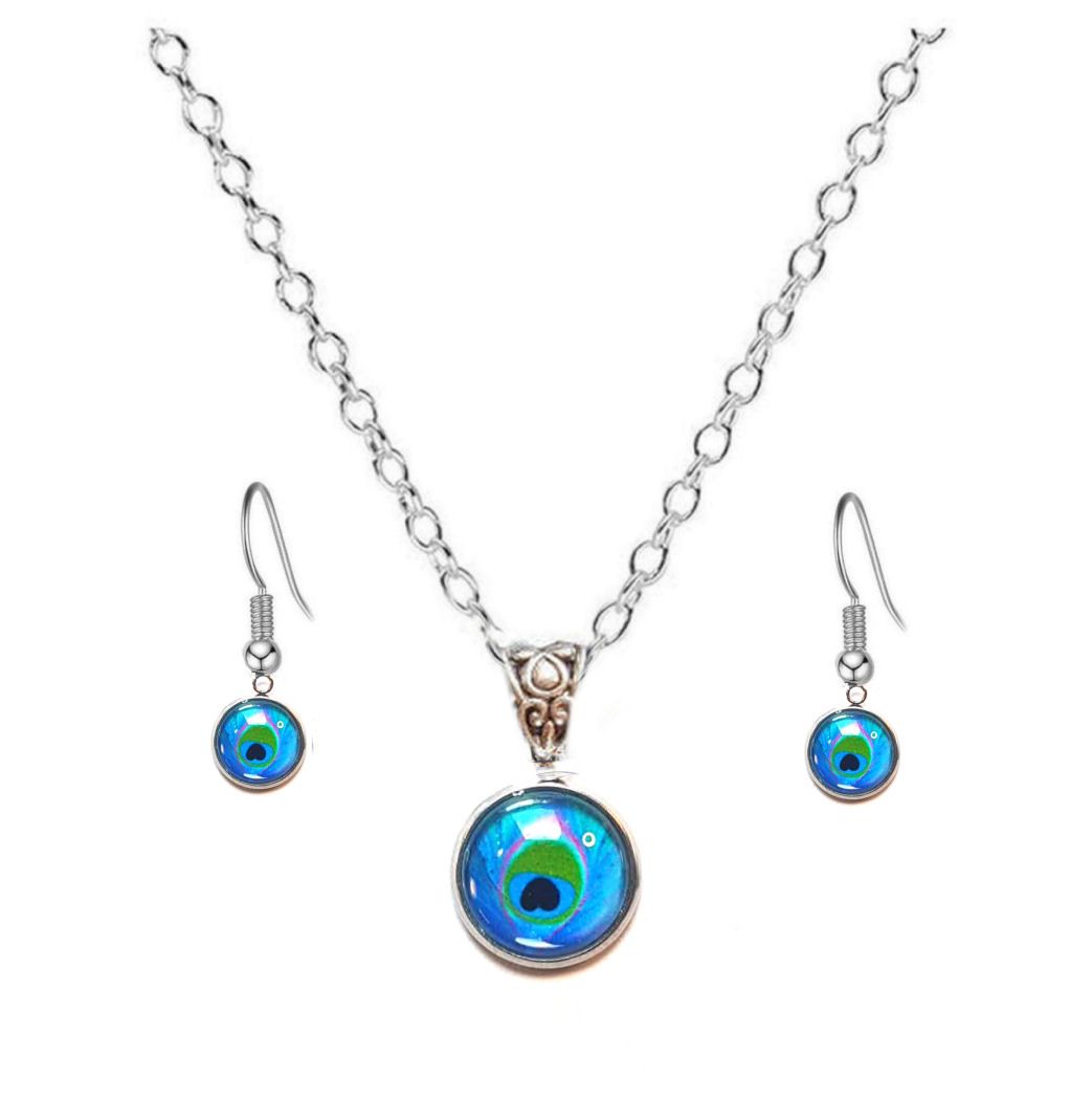 Blue and Green Peacock Eye Pendant Necklace and Earrings Set