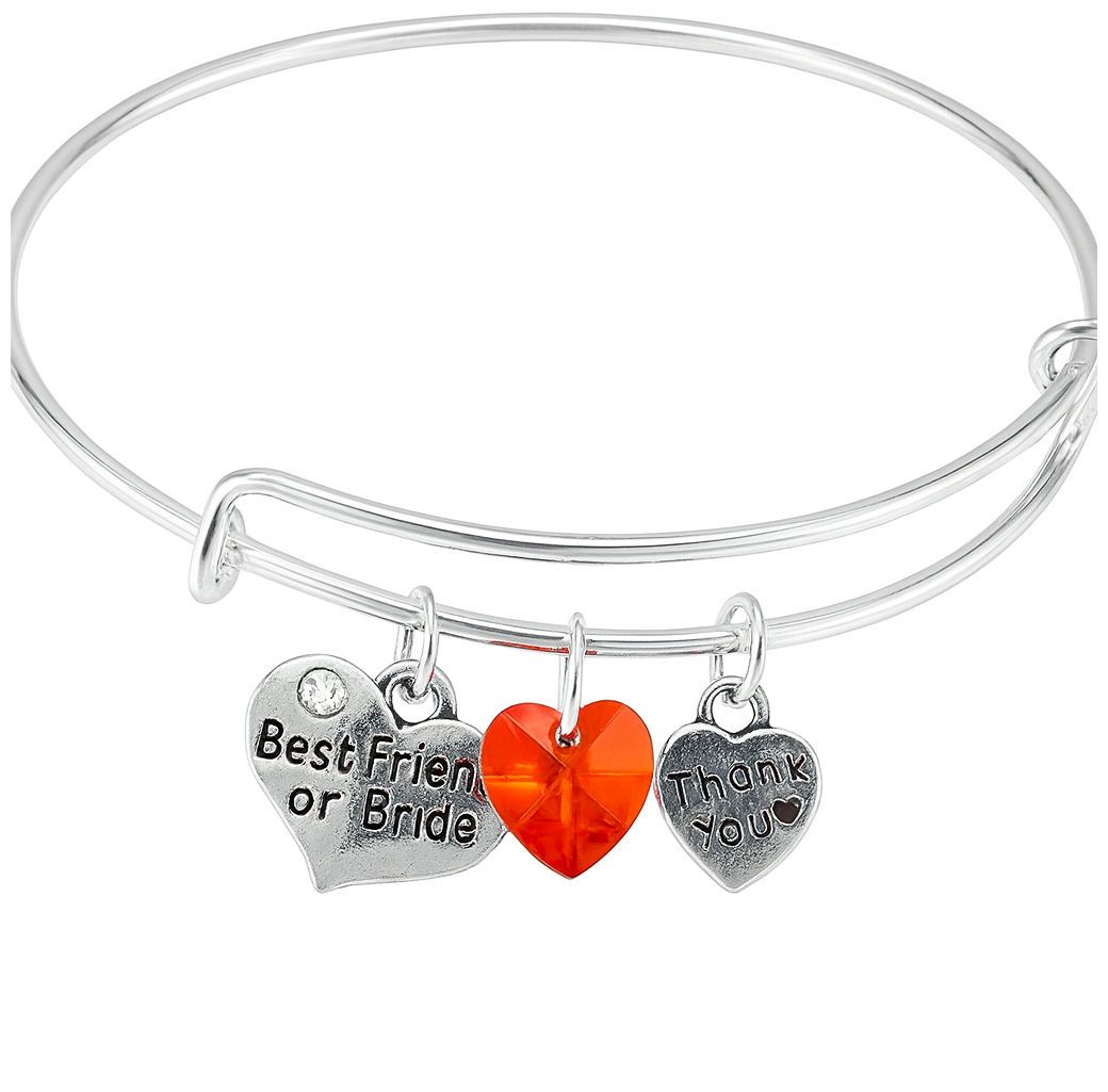 Silver expandable bangle bracelet with three heart-shaped charms: engraved 