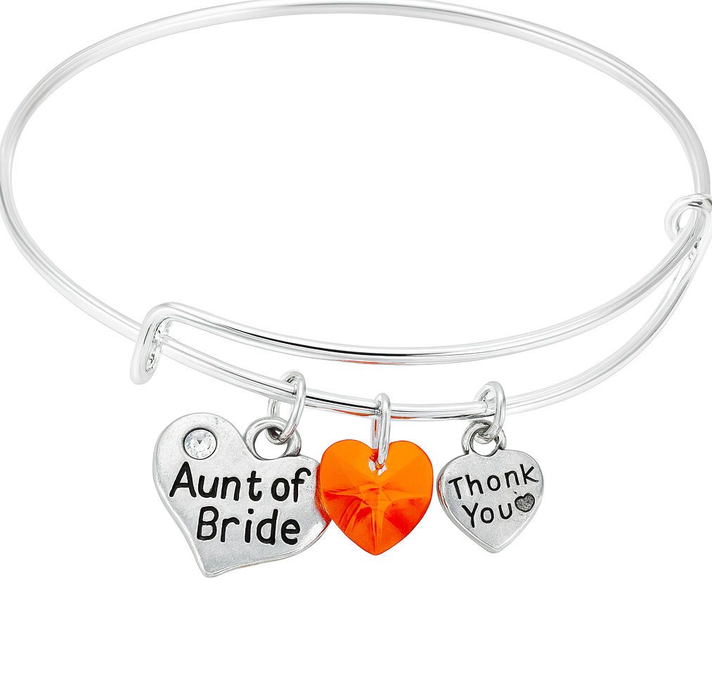 Silver bangle bracelet with three heart-shaped charms: engraved “Aunt of Br