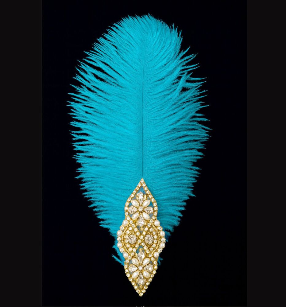 Aqua Blue Ostrich Feather Hair Piece, Clip Style with Gold Diamante Pearl Applique