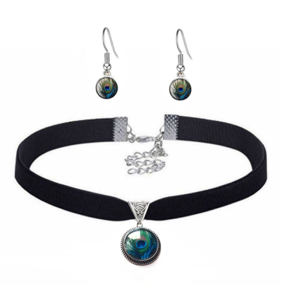 Peacock Feather Choker Necklace & Earrings Set