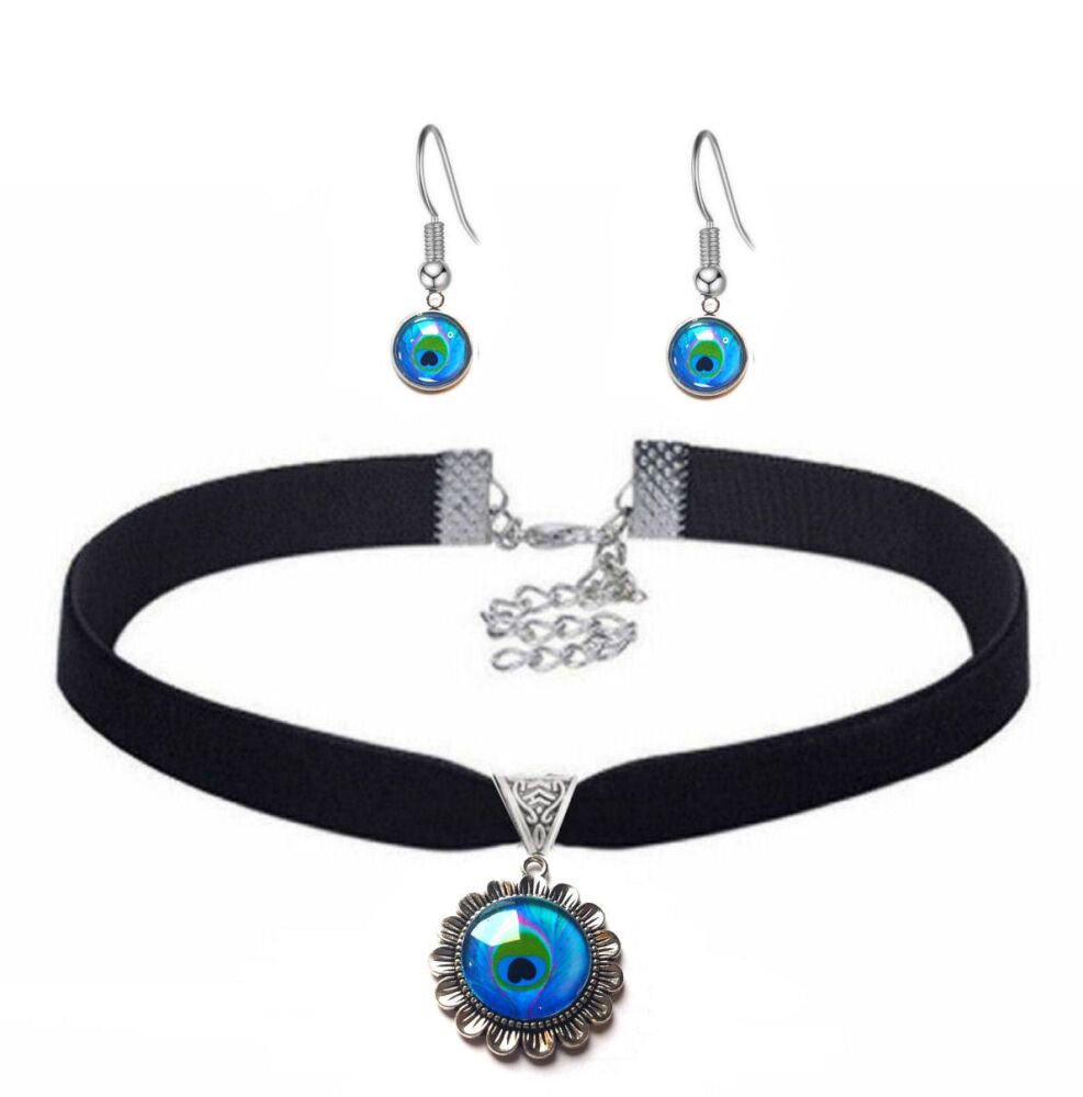Blue Peacock Feather Choker Necklace & Earrings Set