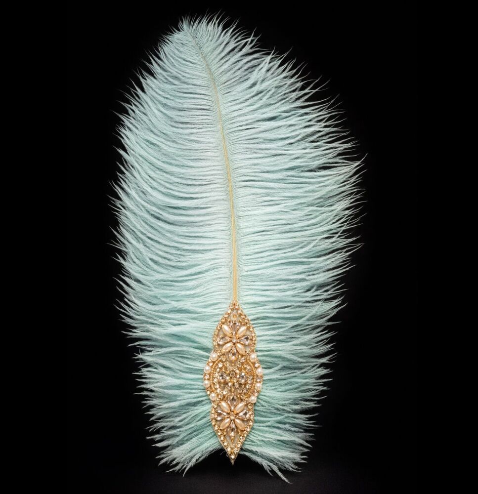 Mint-Green Feather Hair Accessory with Gold Crystal Embellishment