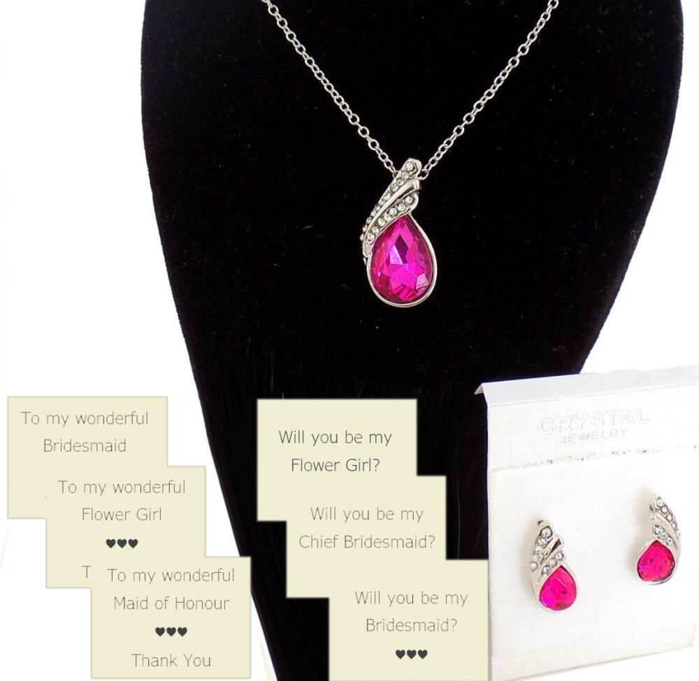 Pink Teardrop Jewellery Set with Optional Wedding Party Cards