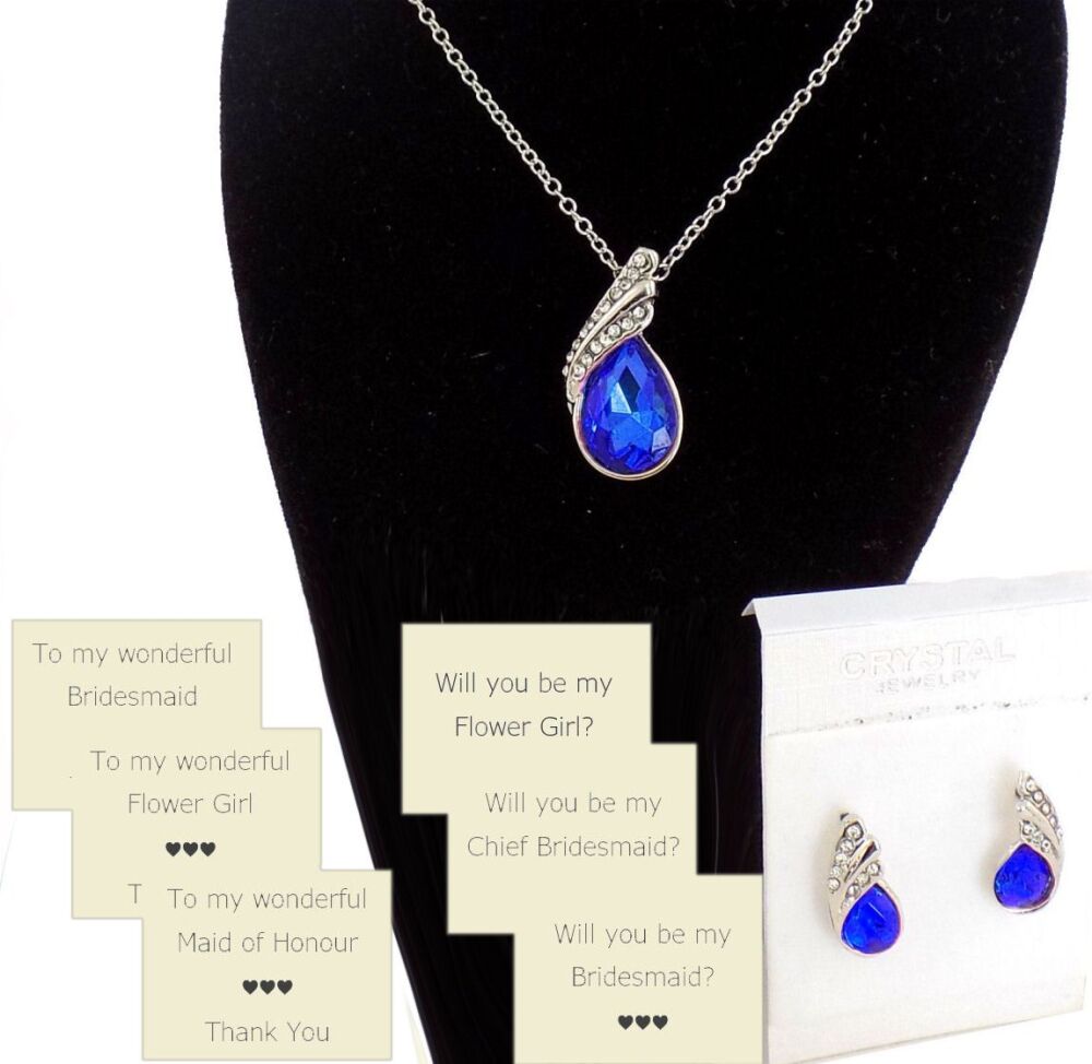 Royal Blue Teardrop Jewellery Set with Optional Wedding Party Cards