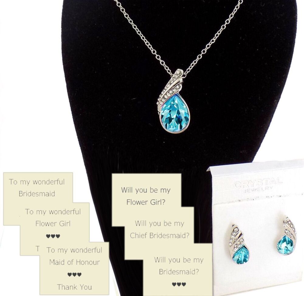 Aqua Blue Teardrop Jewellery Set with Optional Wedding Party Cards