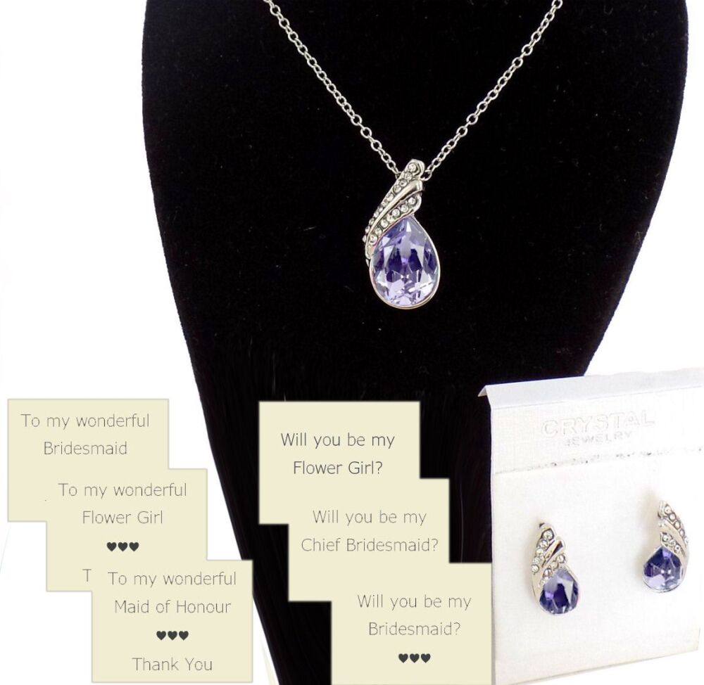 Lilac Teardrop Jewellery Set with Optional Wedding Party Cards