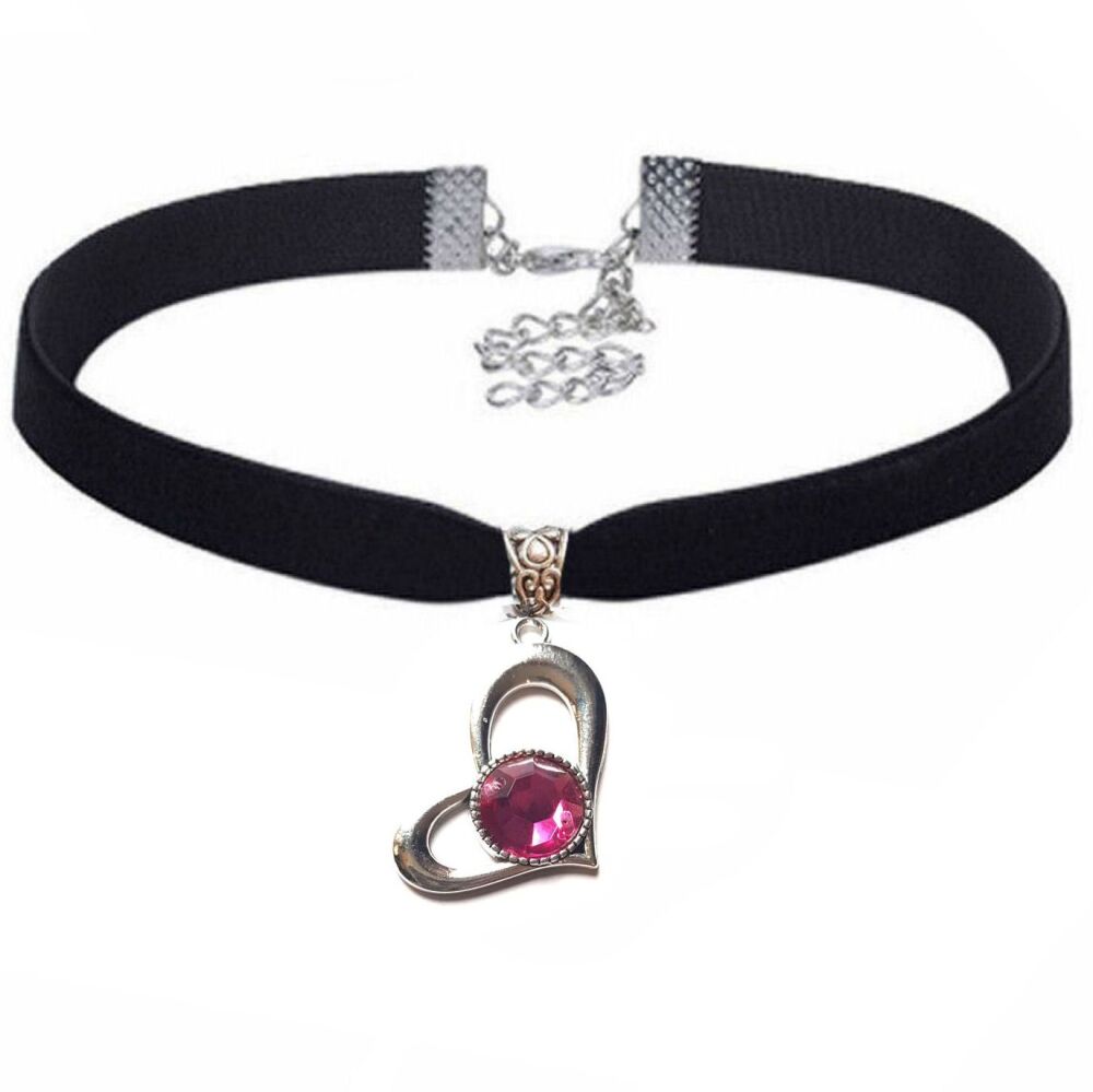 Black Velvet Choker with Silver Heart and Pink Gem