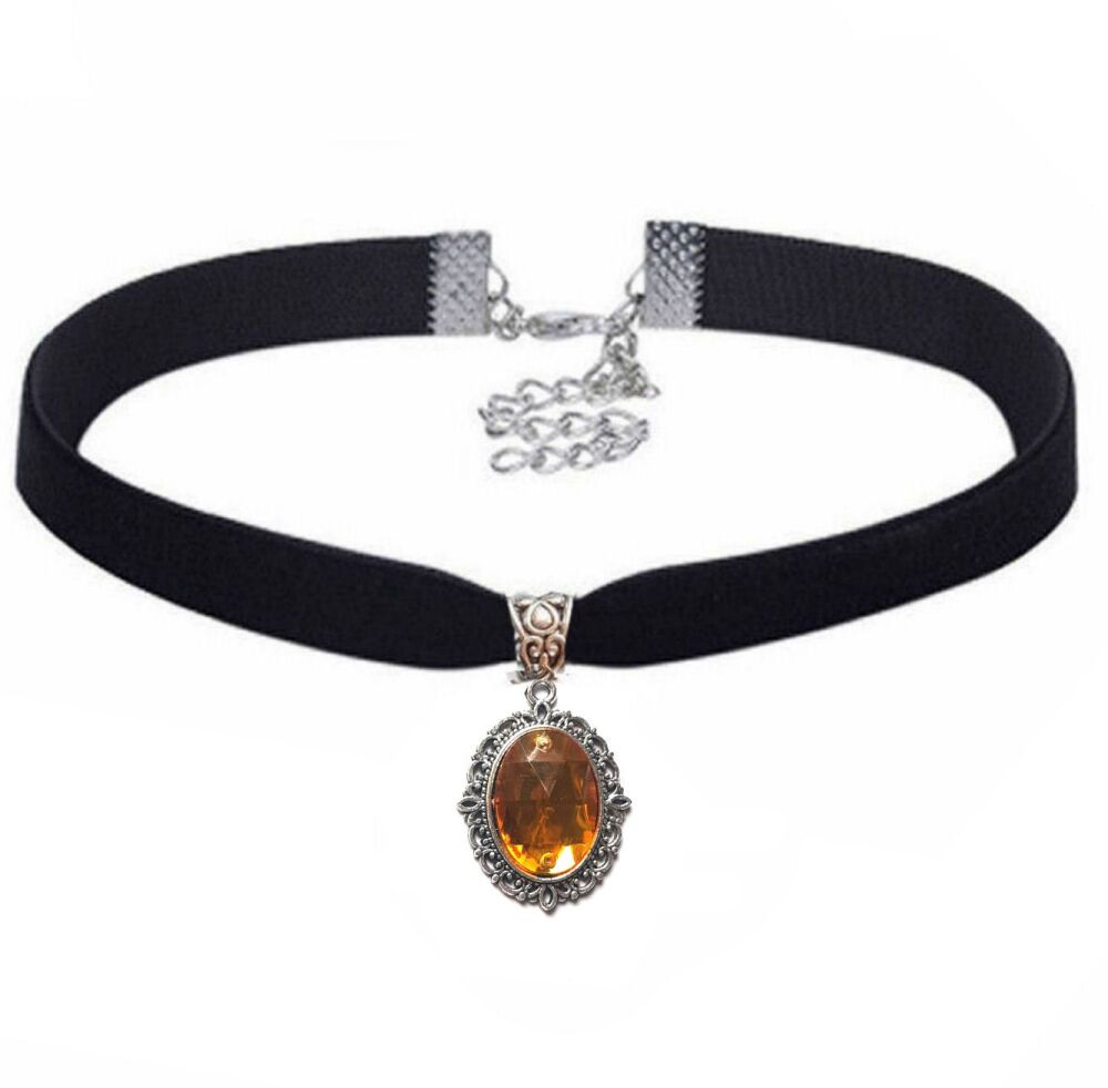 Black Velvet Choker with Gold Amber and Silver Pendant