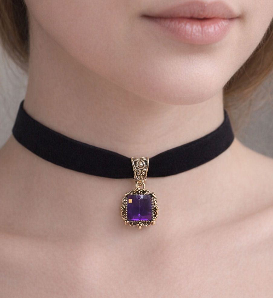 Black Velvet Choker with Purple Gemstone & Silver Detailing