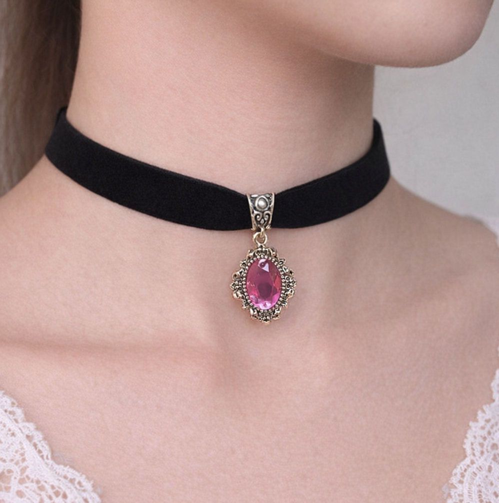 Black Velvet Choker with Oval Pink & Silver Pendant