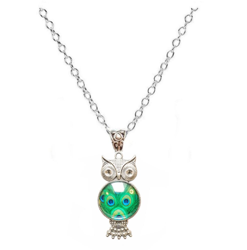 Owl Pendant Necklace with Peacock Feather Design &ndash; Boho Statement Jewellery