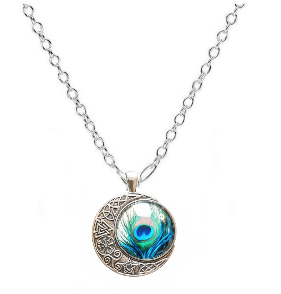 Crescent Moon & Peacock Feather Pendant Necklace