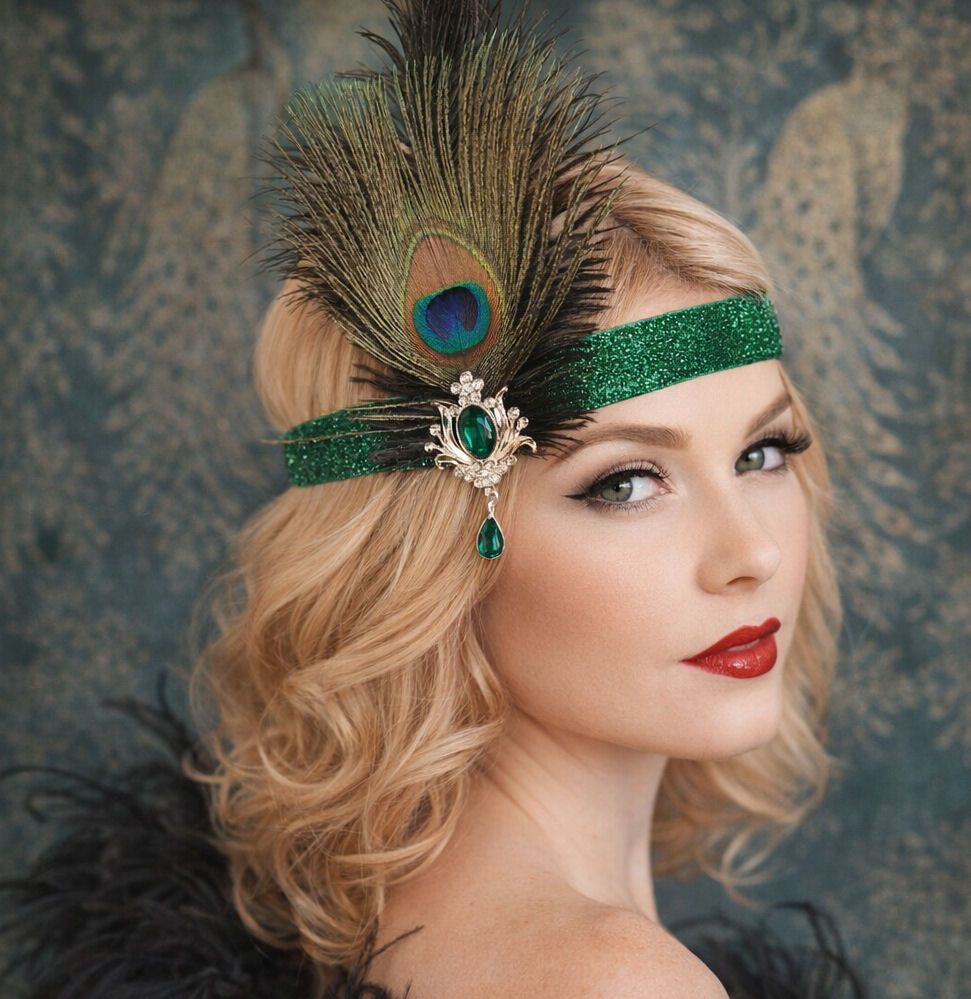 Black Ostrich and Peacock Feather Flapper Headband with Green Glitter Headband and Gem Brooch Detail