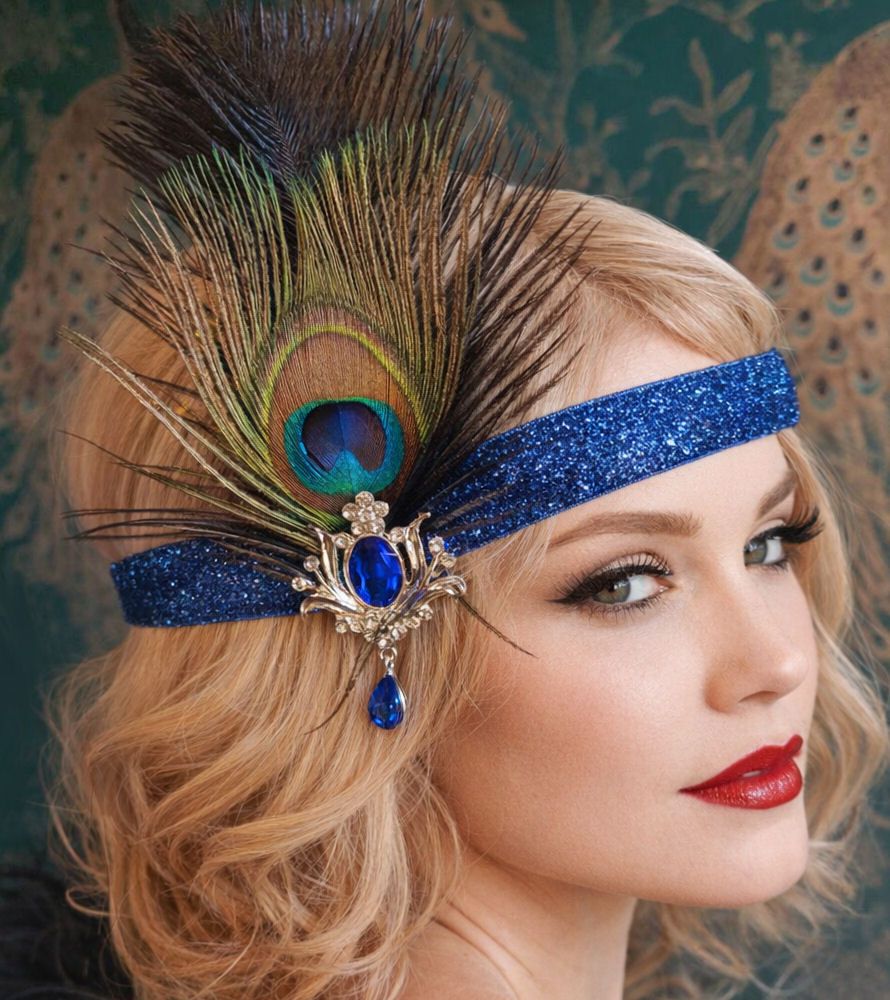 Black Ostrich and Peacock Feather Flapper Headband with Royal Blue Glitter Headband and Gem Brooch Detail