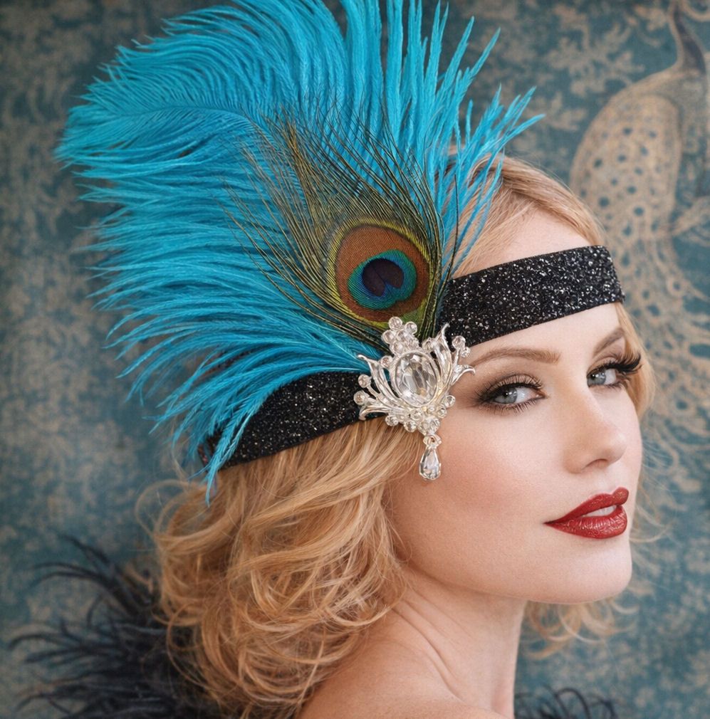 Aqua Blue Ostrich and Peacock Feather Flapper Headband with Black Glitter Headband and Gem Brooch Detail