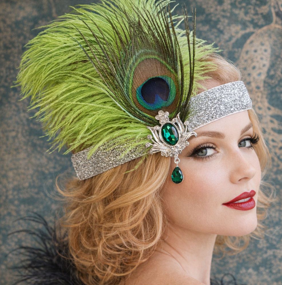 A blonde woman wears a glittery silver headband adorned with lime green ost