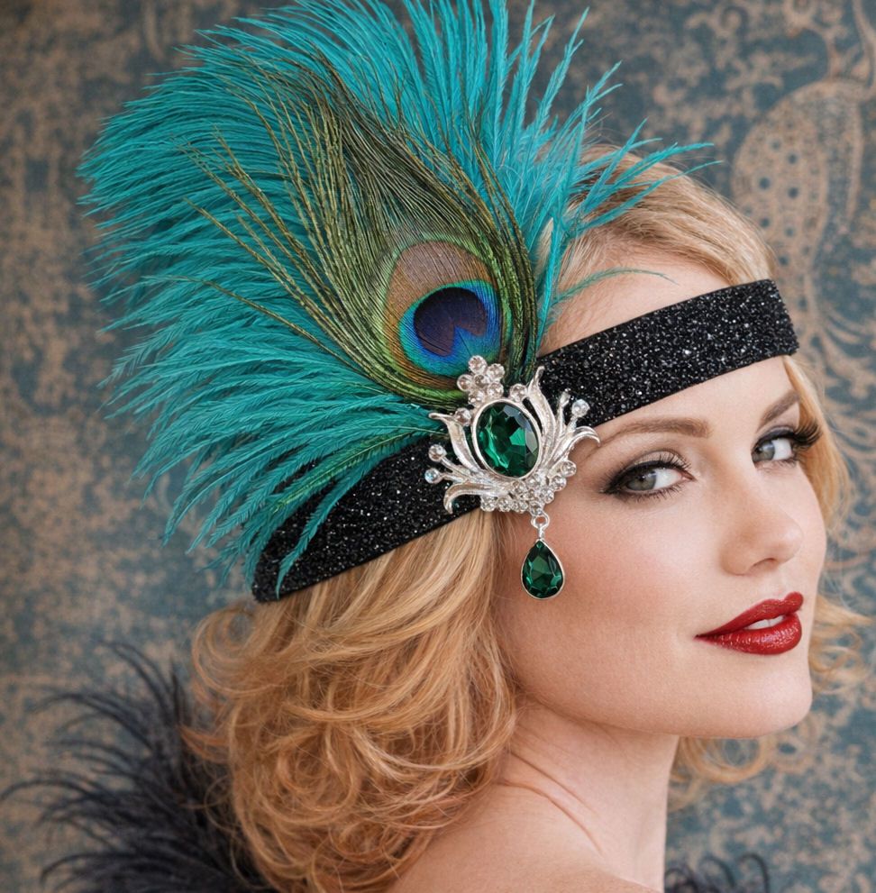A blonde woman wears a black sequined headband adorned with teal ostrich fe