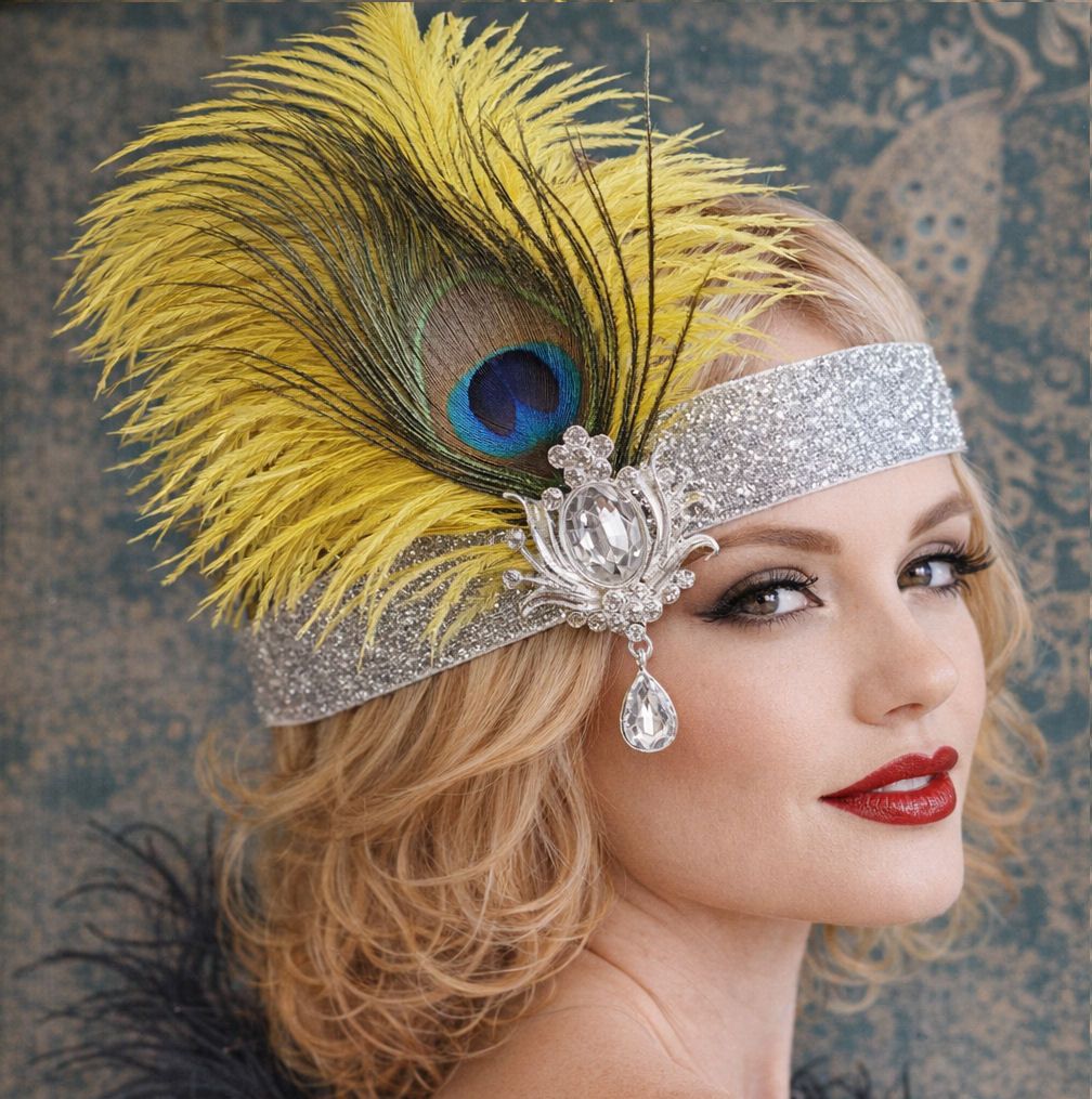 A blonde woman wears a glittery silver headband adorned with bright yellow 