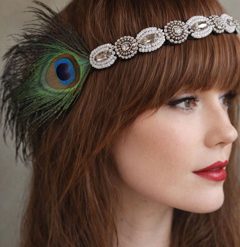 Black Feather Flapper Headband with White Pearl and Rhinestones Plus Black and Peacock Feathers
