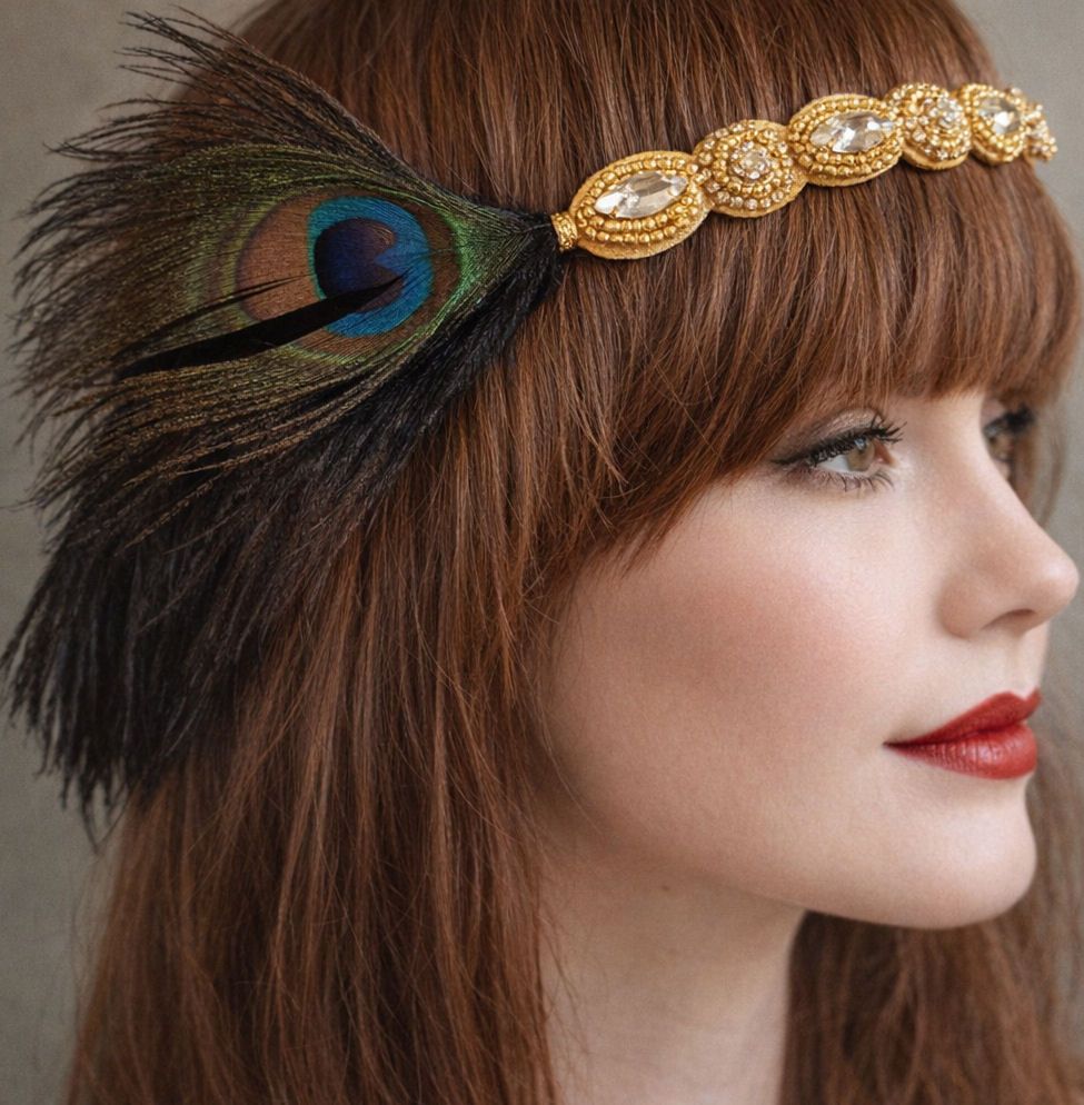 Black Feather Flapper Headband with Gold Pearl and Rhinestones Plus Black and Peacock Feathers