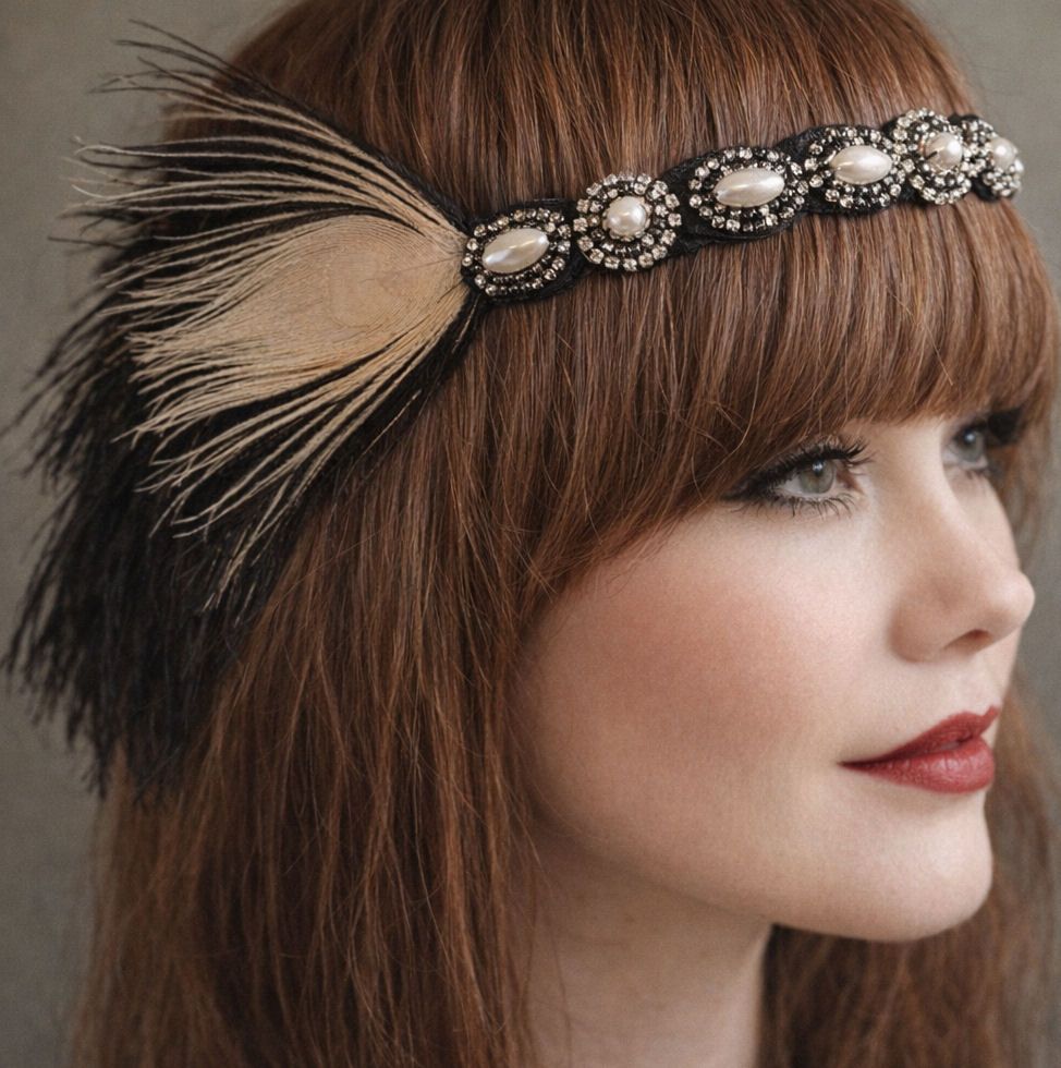 A fair-skinned woman with chestnut brown hair and bangs wears a black headb