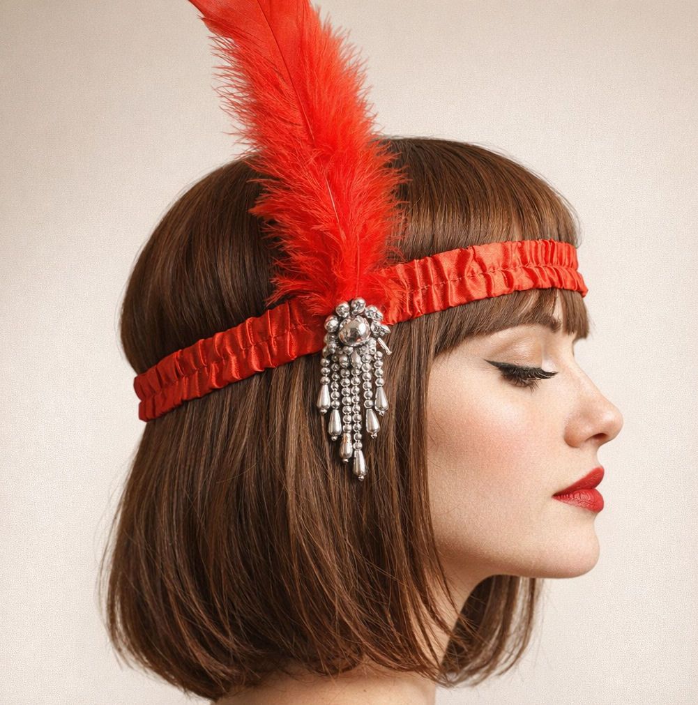 Red Feather Flapper Headband with Silver Brooch