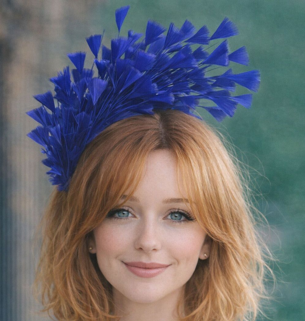 Red-haired woman wearing a dramatic royal blue feathered fascinator, standi