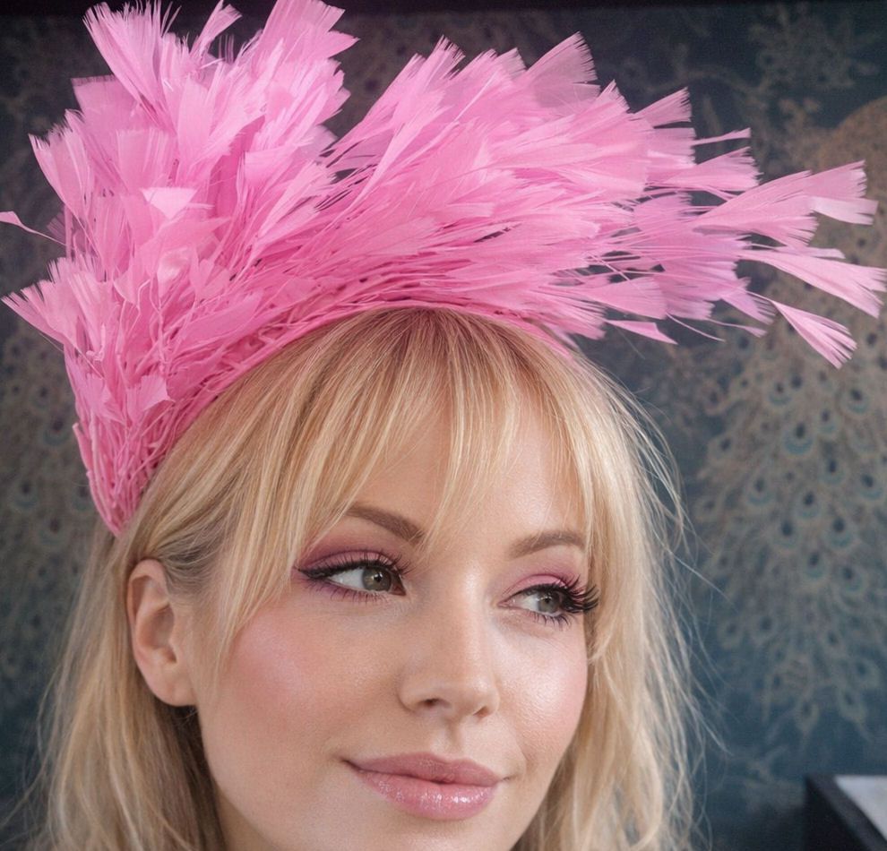 A fair-skinned woman with blonde hair and pink eye makeup wears a vibrant p