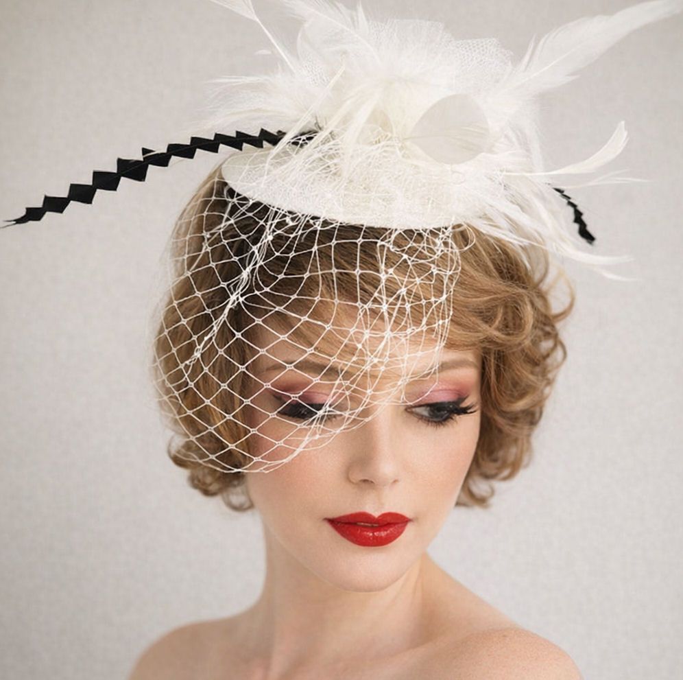 White and Black Veil Wedding Fascinator Clip