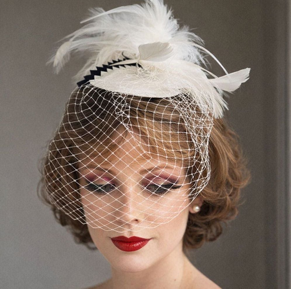 White and Navy Blue Veil Wedding Fascinator Clip